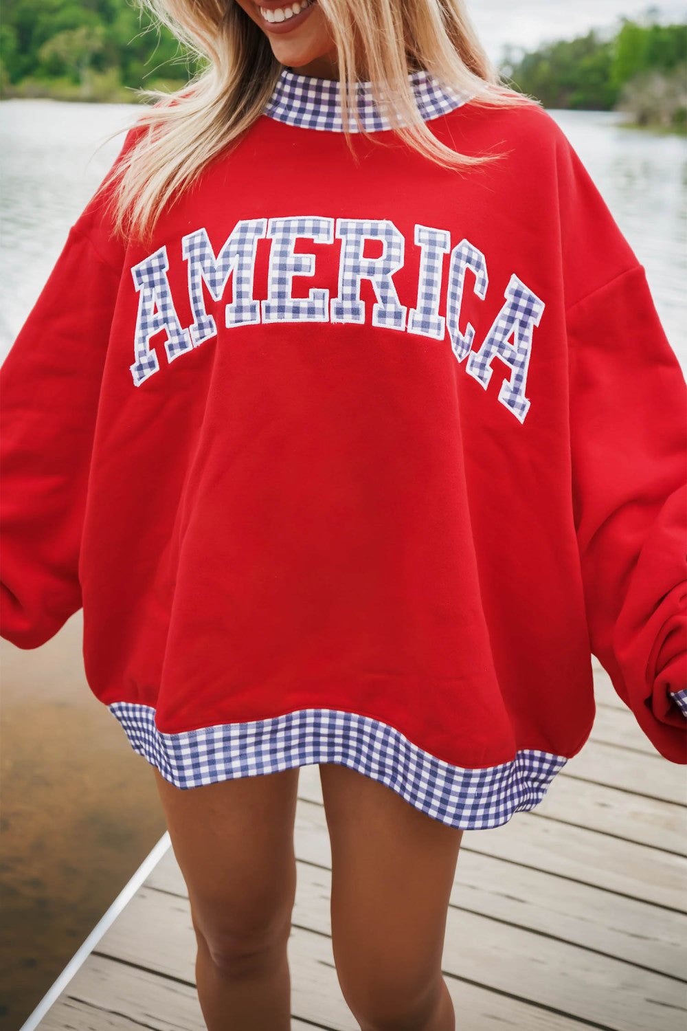 Fiery Red Oversized Sweatshirt High Neck Gingham Trim Letter Print Pullover - PREORDER