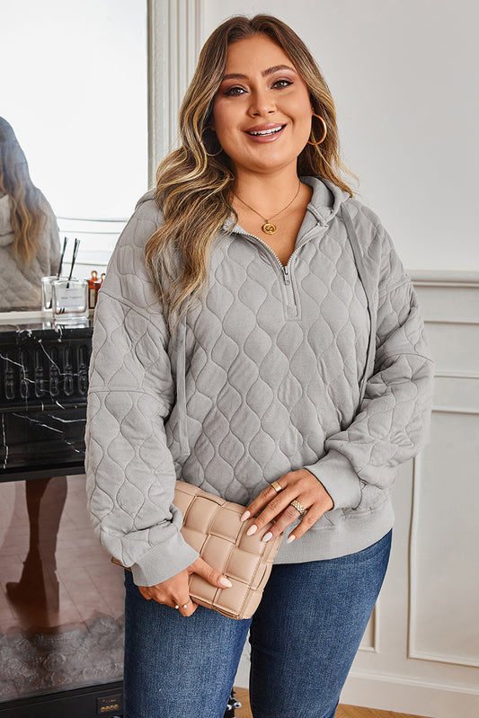 Gray Quilted Quarter Zip Plus Size Hoodie - PREORDER