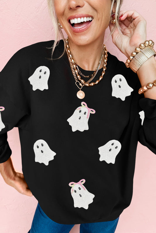Black Sequin Cute Bow Ghost Graphic Crew Neck Halloween Sweatshirt - PREORDER
