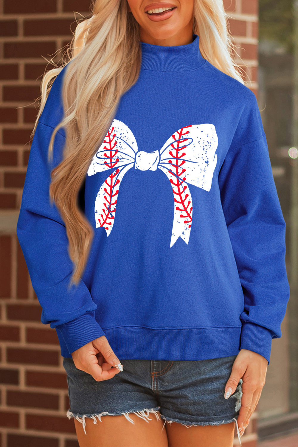 Dark Blue Baseball Large Bow Mock Neck Sweatshirt - PREORDER