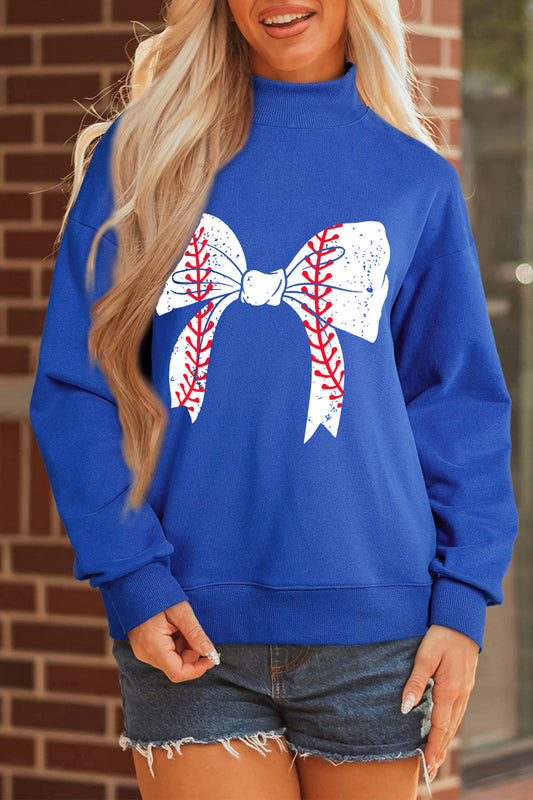 Dark Blue Baseball Large Bow Mock Neck Sweatshirt - PREORDER