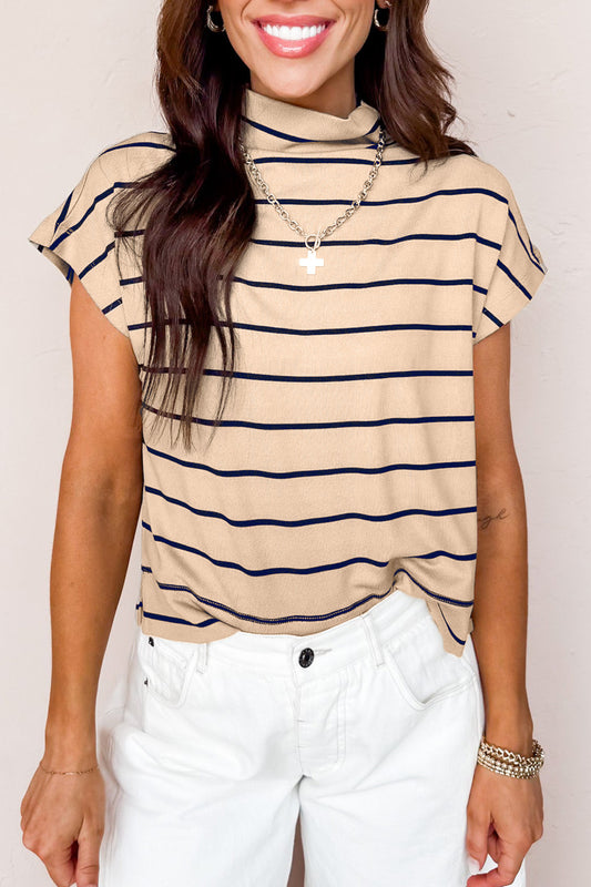 Khaki Stripe Mock Neck Short Sleeve Loose Top - PREORDER