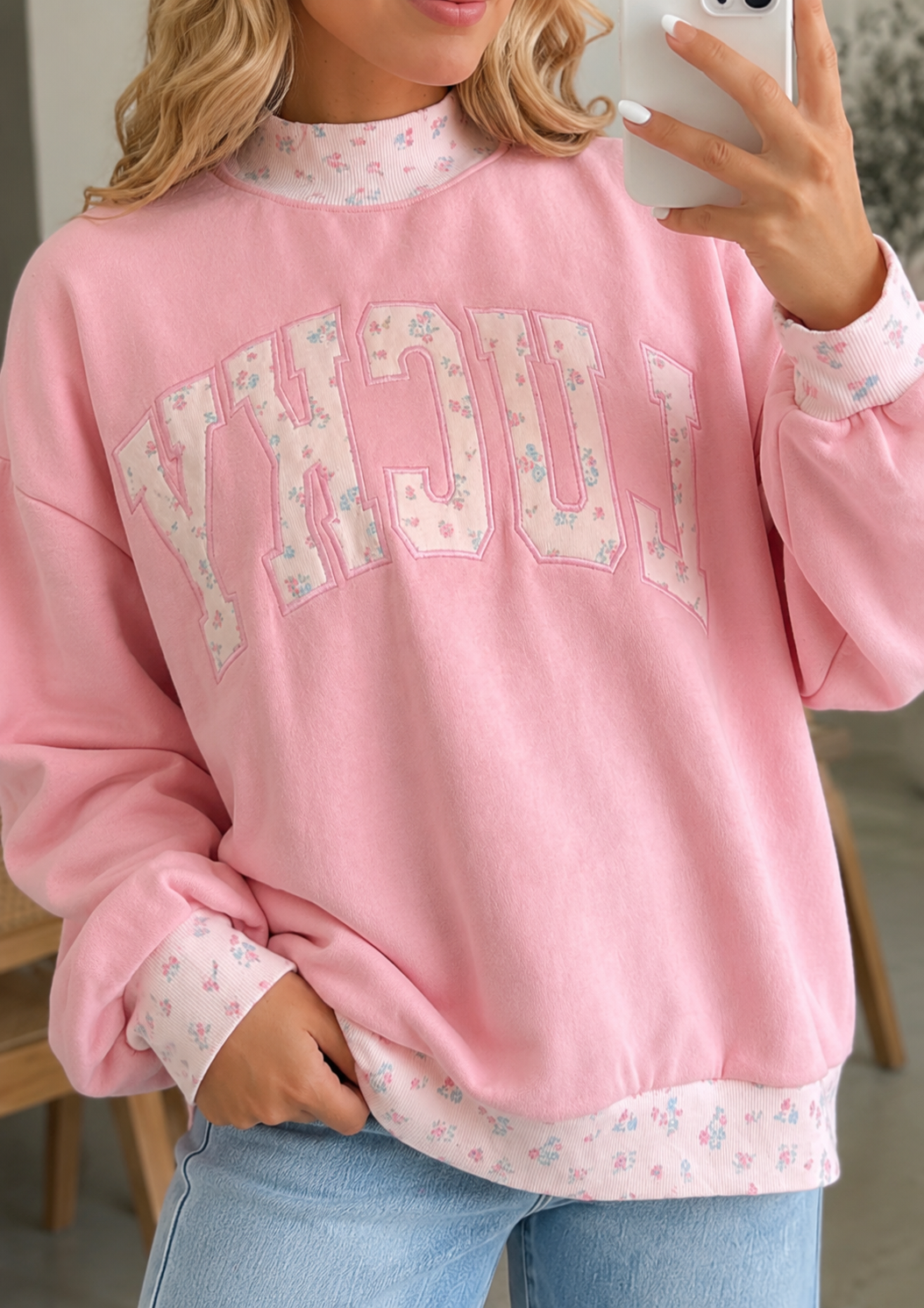 Pink High Neck Floral Lucky Patch Embroidery Long Sleeve Sweatshirt - PREORDER