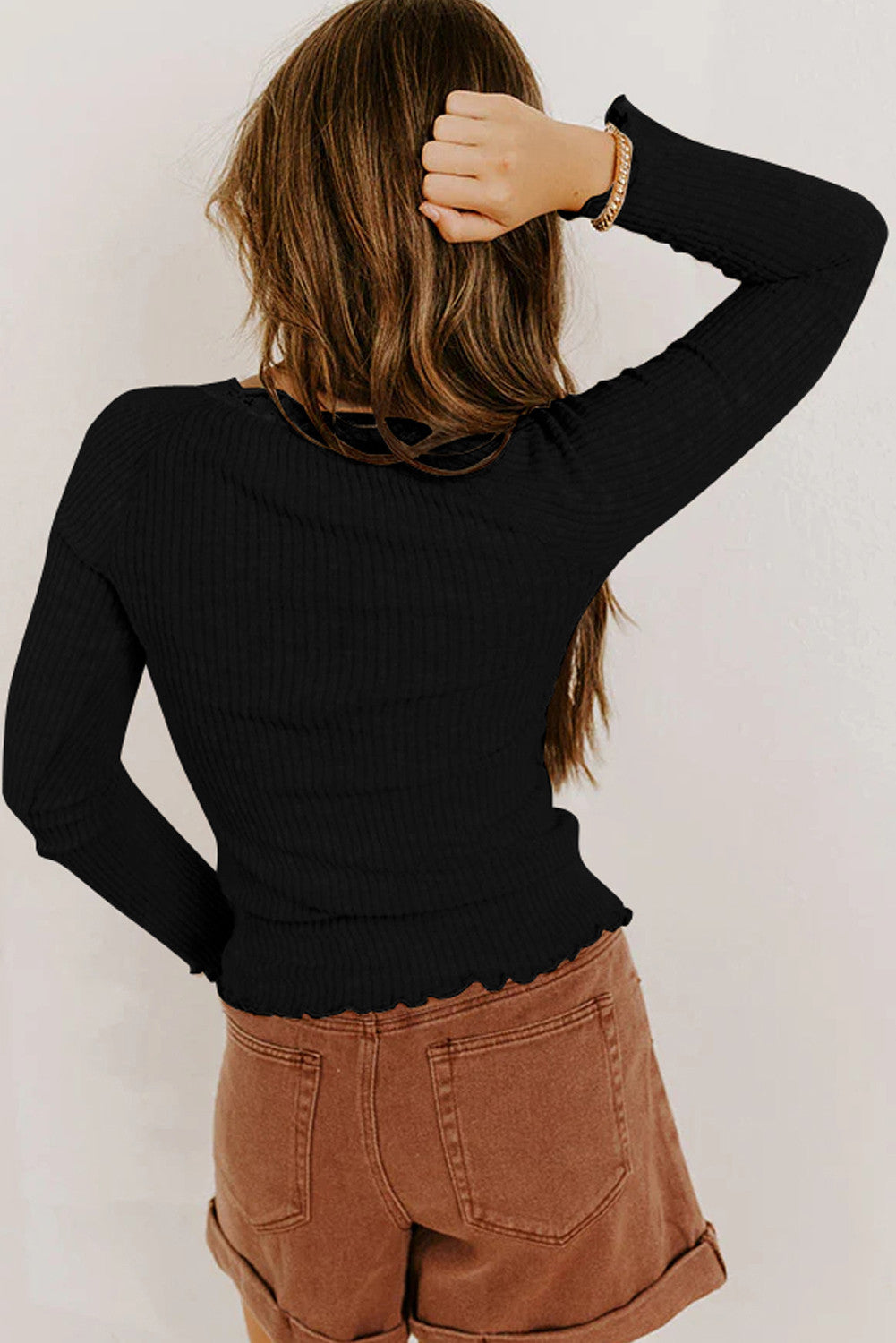 Black Lace Neckline Button Decor Lettuce Edge Long Sleeve Ribbed Top - PREORDER (Copy)