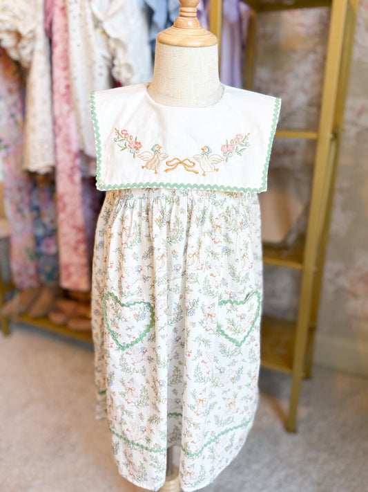 Vintage Floral Duck Embroidery Spring Girl Dress