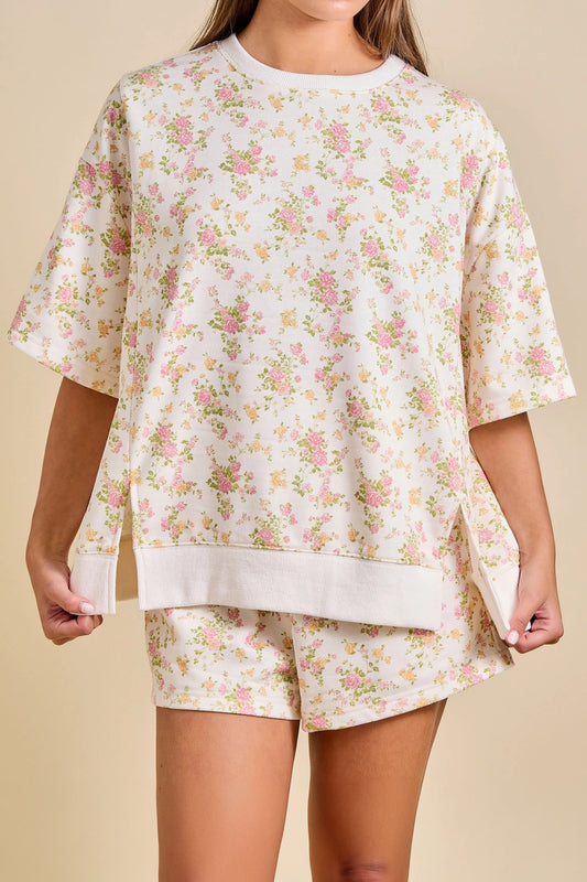 Pink Floral Print Oversized Sweat Tee Elastic Waist Short Set - PREORDER