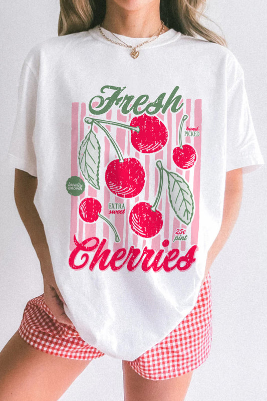 White Vintage Fresh Cherries Graphic Tee - PREORDER