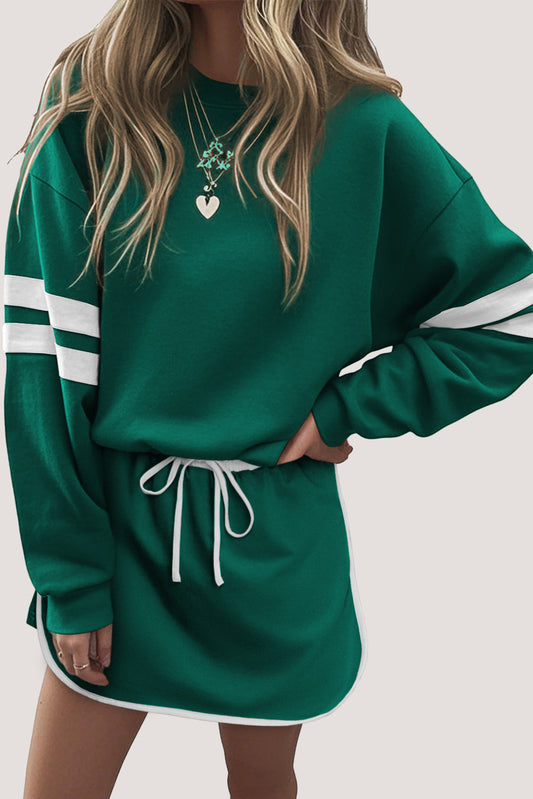 Evergreen Varsity Stripe Detail Drop Shoulder Pullover Mini Skirt Set- PREORDER