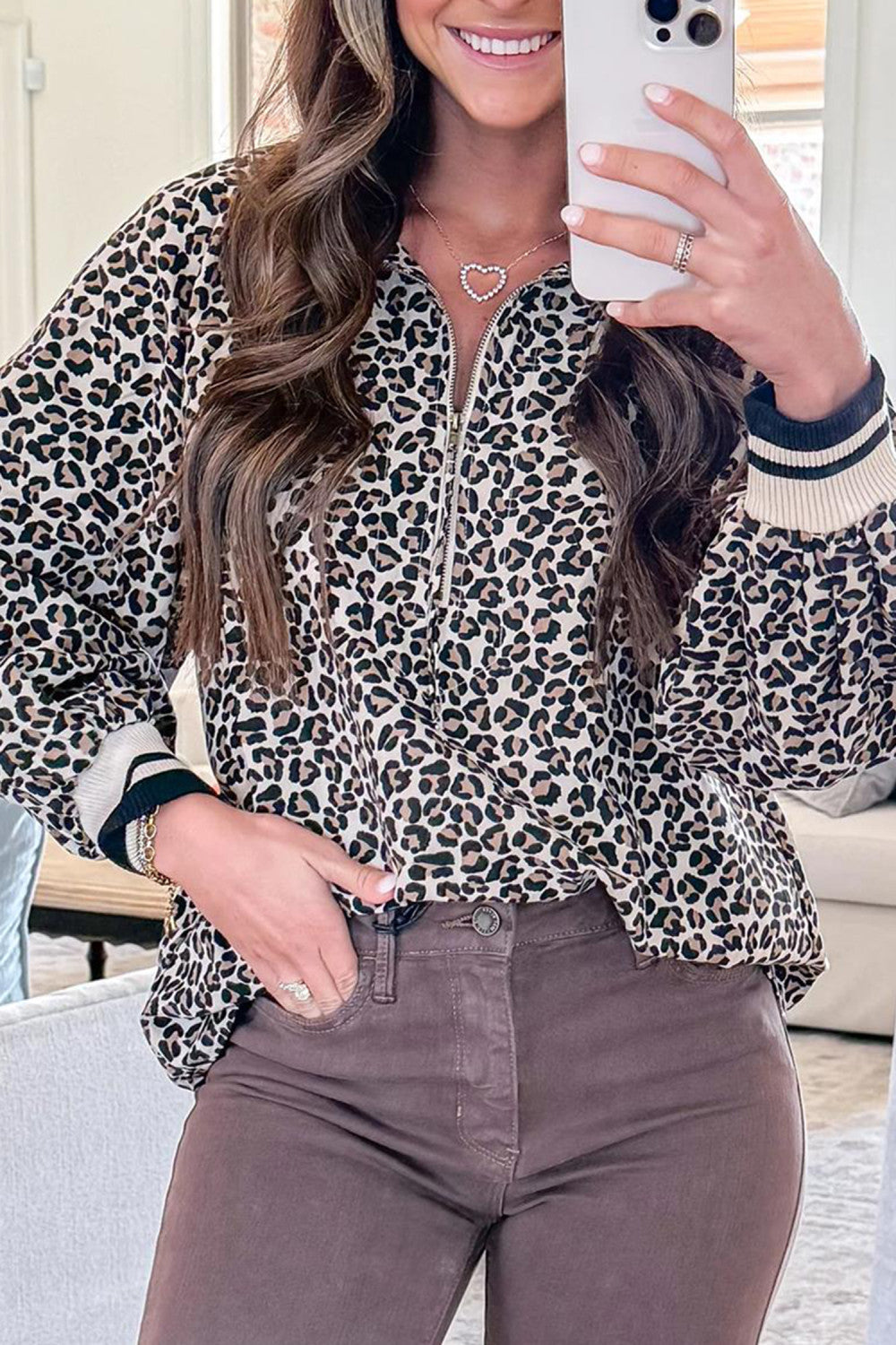 Khaki Leopard Print Half Zip up Blouse - PREORDER