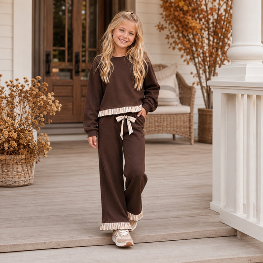 Girls Brown Ruffle Detail Pant Set- PREORDER