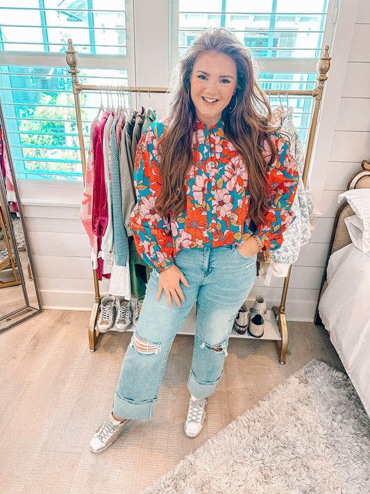 Red Floral Printed Balloon Sleeve Half Buttons Blouse