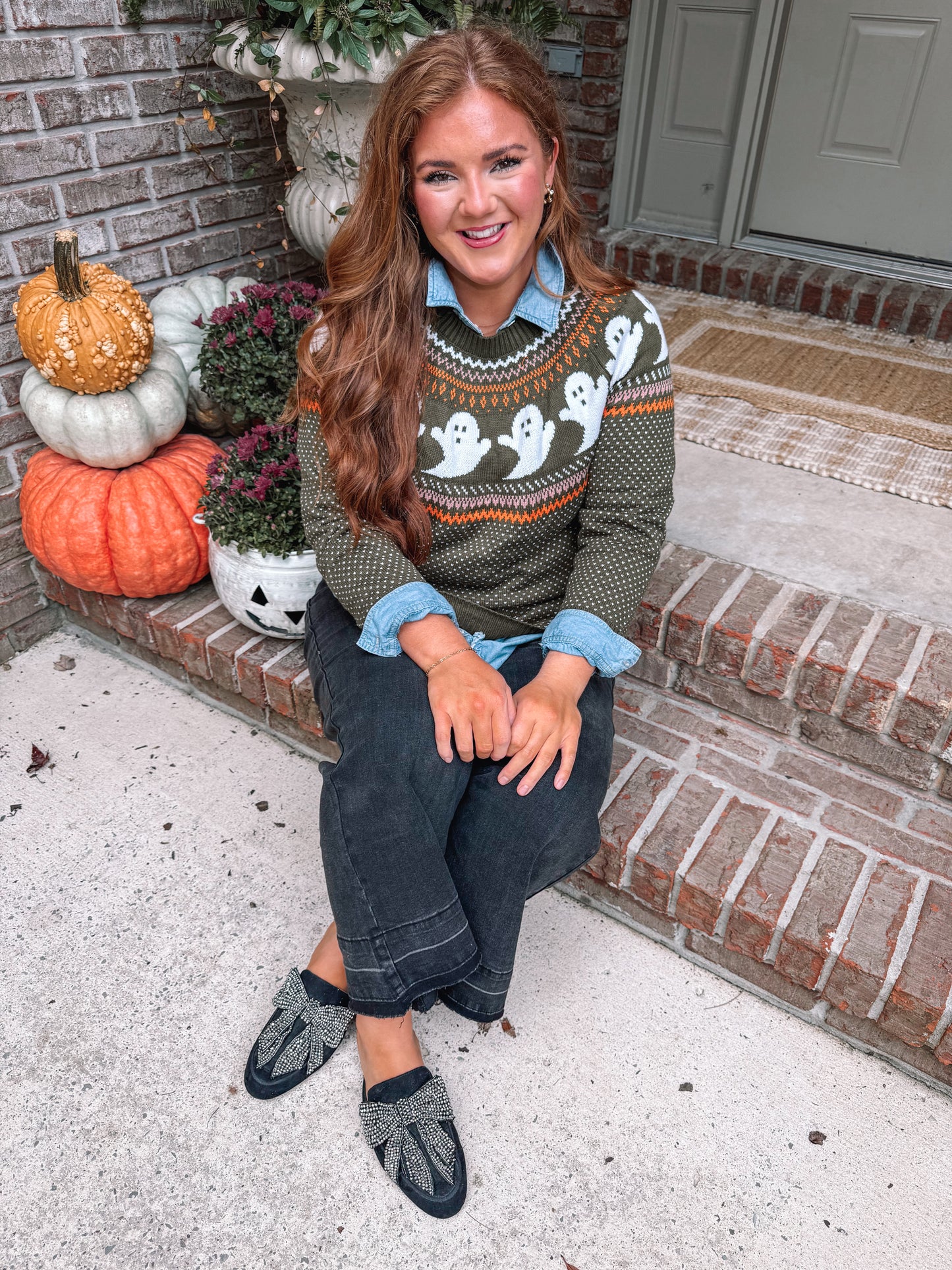 Halloween Ghost Pattern Drop Shoulder Sweater