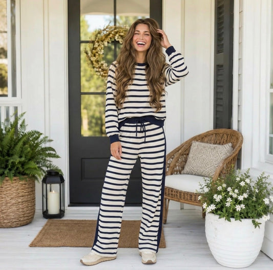 Navy Stripe Relaxed Long Sleeve Top Color Block Detail Drawstring Pant Set - PREORDER