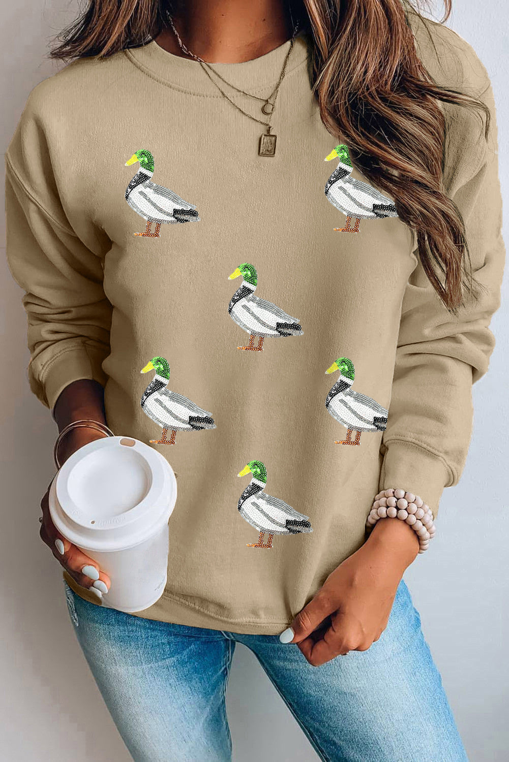 Khaki Sequin Mallard Duck Graphic Baggy Sweatshirt - PREORDER