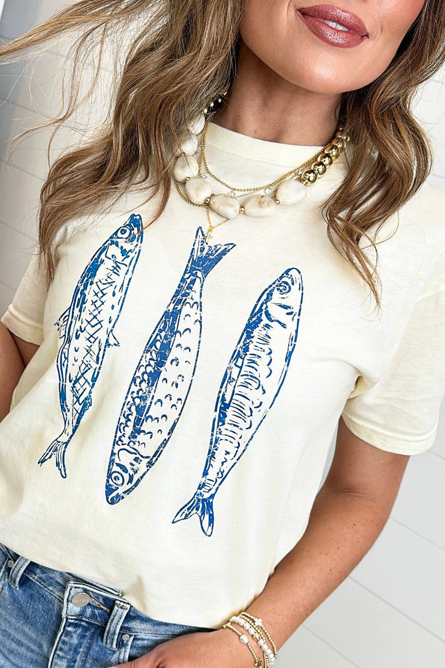 White Fish Print Short Sleeve Round Neck T Shirt - PREORDER