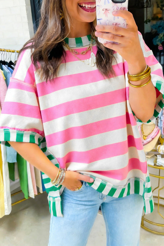 Pink Stripe Exposed Seam Contrast Patchwork Oversized Top - PREORDER