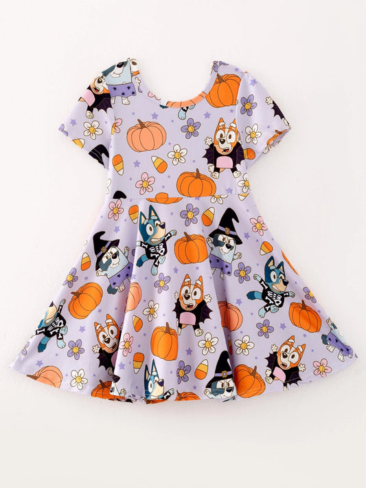 Halloween Bluey Girls Pumpkin Print Milk Silk Dress