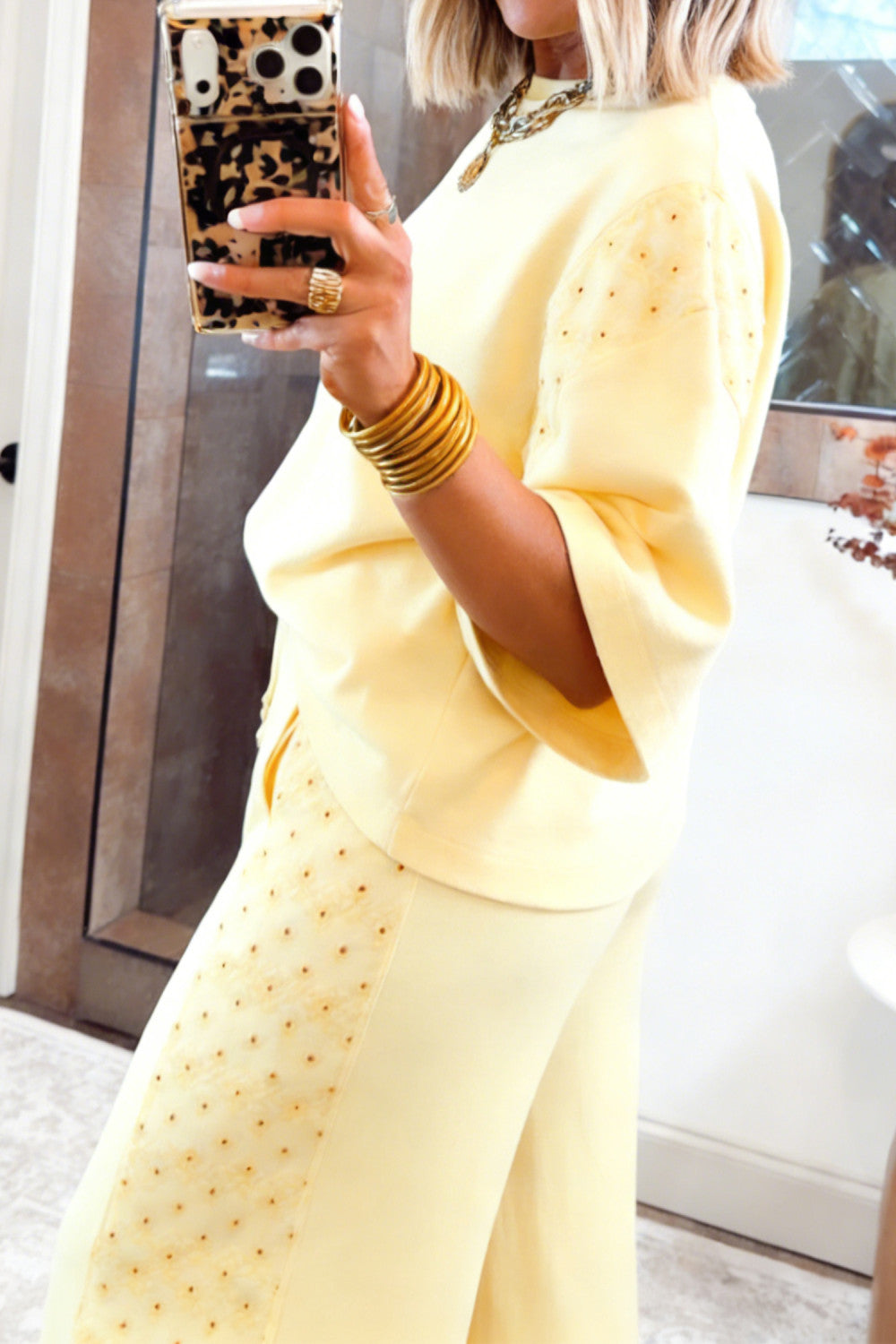 Yellow Cream Solid Color Eyelet Lace Patchwork Oversize Tee Drawstring Loose Pants 2pcs Outfit