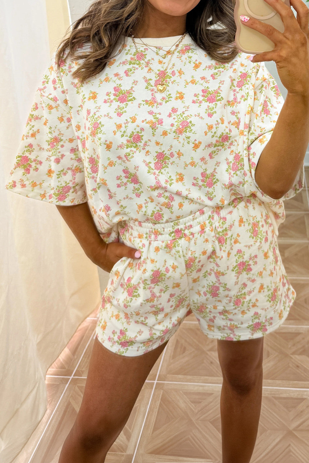 Pink Floral Print Oversized Sweat Tee Elastic Waist Short Set - PREORDER