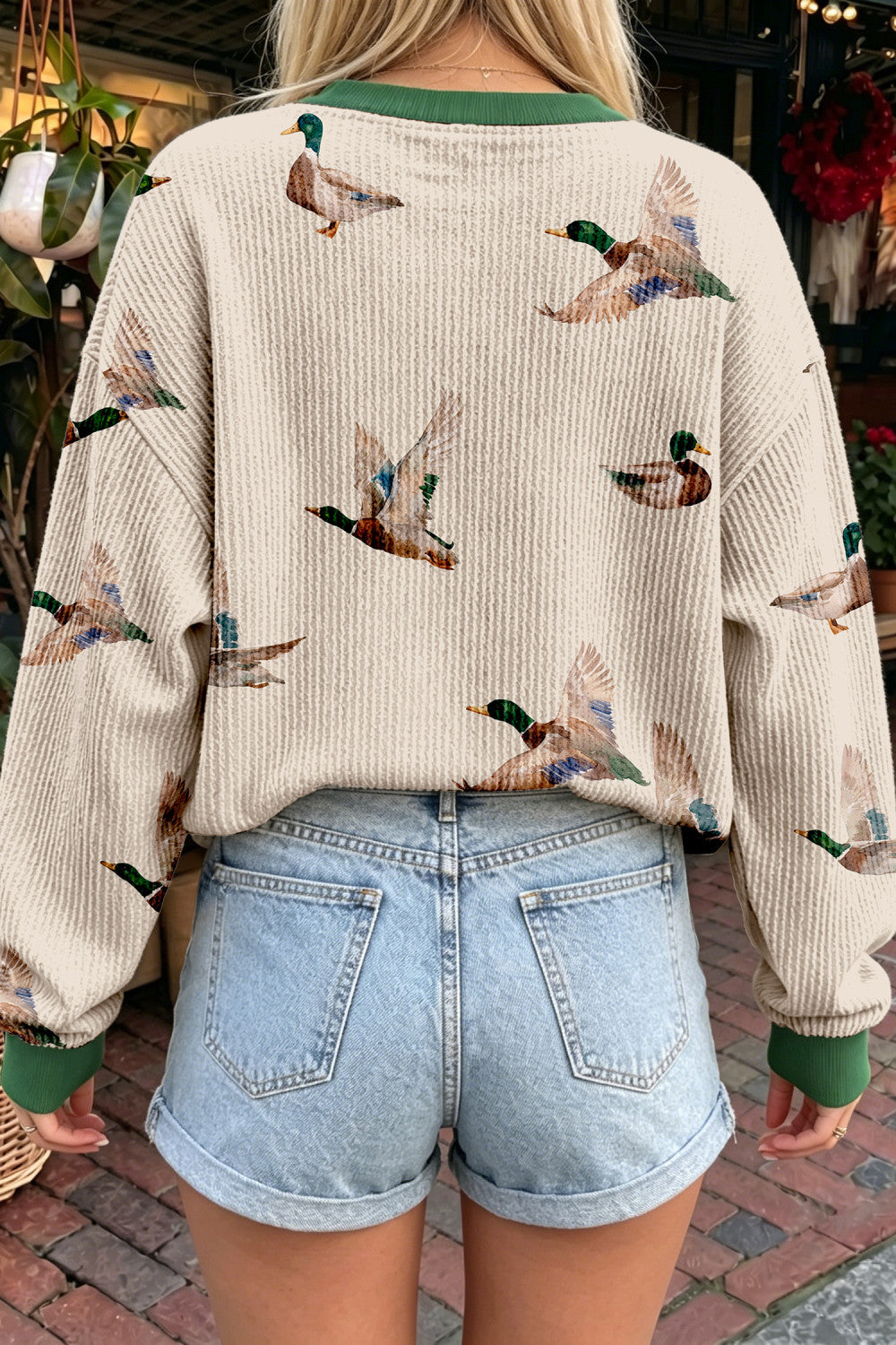 Beige Twisted Ribbed Duck Print Crewneck Casual Pullover Sweatshirt - PREORDER