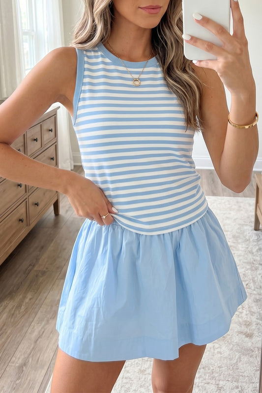 Sky Blue Stripe Slim Tank Contrast Ruffle Mini Skirt Set - PREORDER