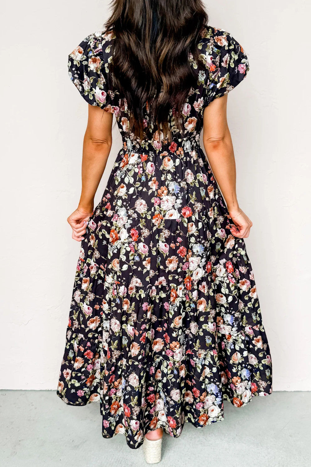 Black Floral Print V Neck Pleated Tiered Maxi Dress - DRESSES