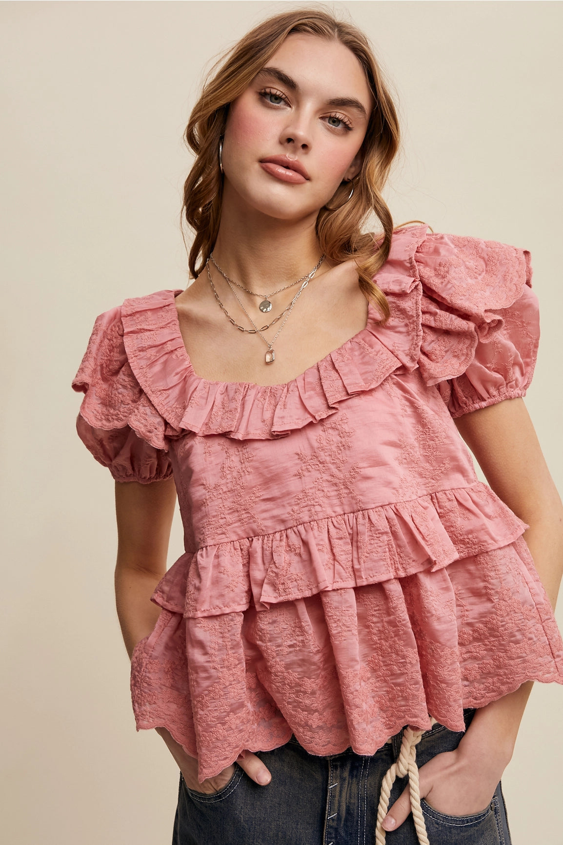 Embroidered Ruffled Peplum Blouse