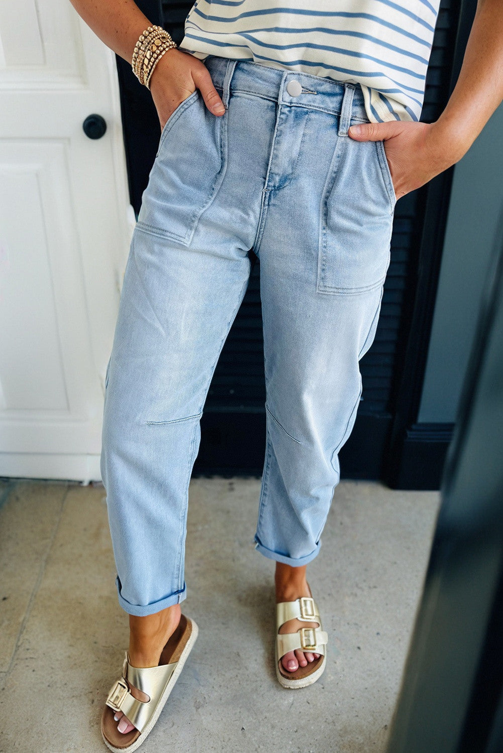 Beau Blue High Rise Barrel Relaxed Patch Pocket Jeans - PREORDER