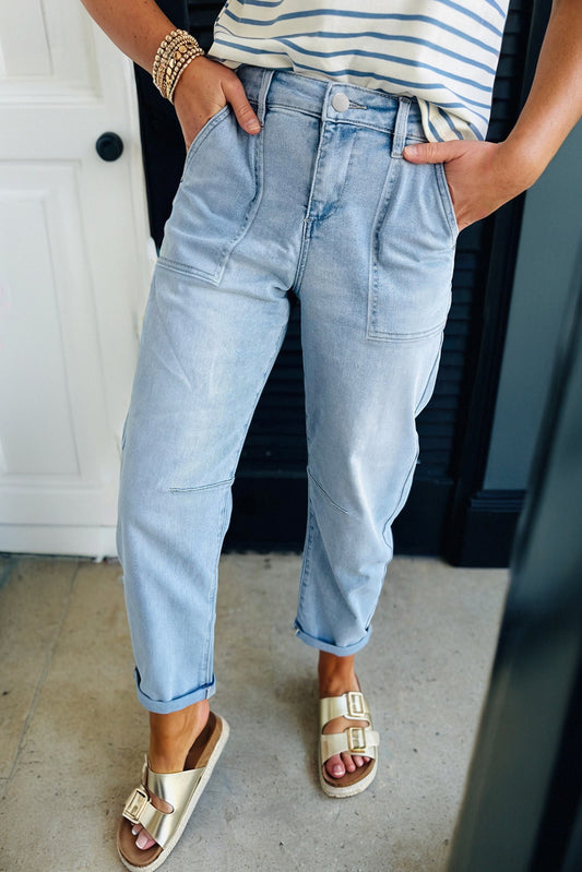 Beau Blue High Rise Barrel Relaxed Patch Pocket Jeans - PREORDER