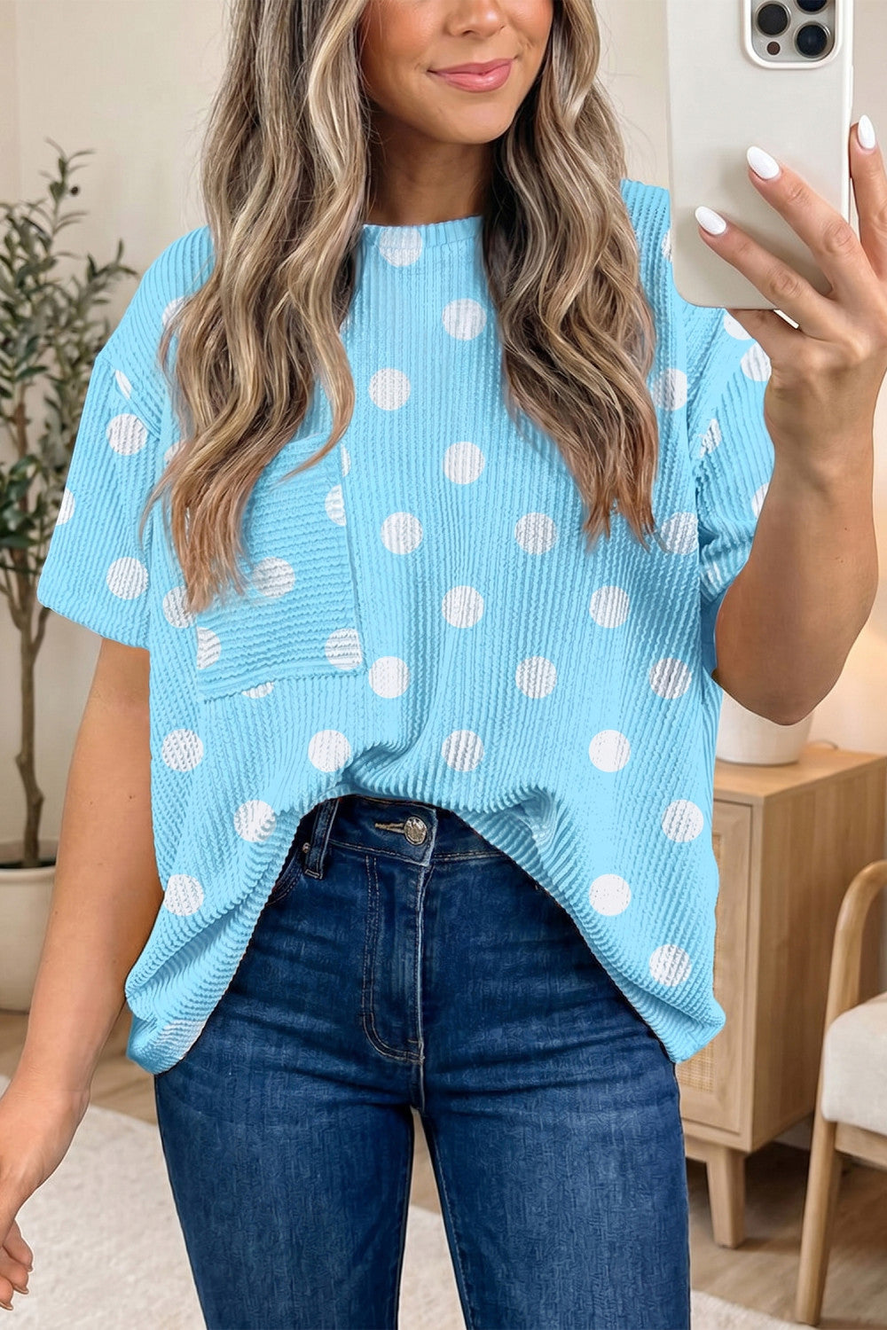 Sky Blue Polka Dot Patch Pocket Twisted Ribbed Top - PREORDER