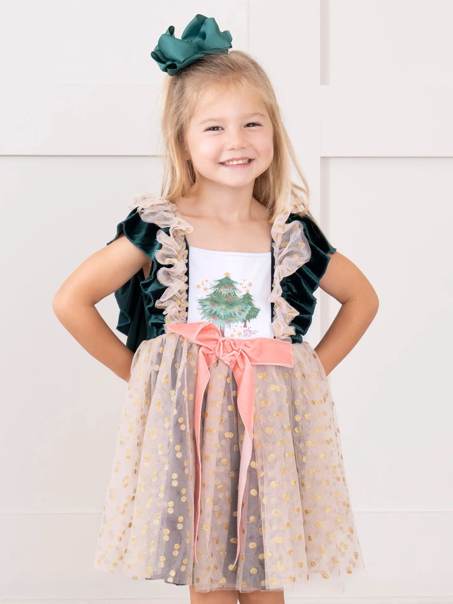 Swiss Dot Overlay Christmas Tree Dress - PREORDER
