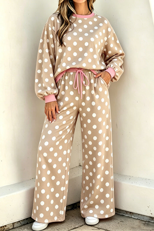 Khaki Polka Dot Contrast Trim Long Sleeve Top Drawstring Shift Pants Set - PREORDER