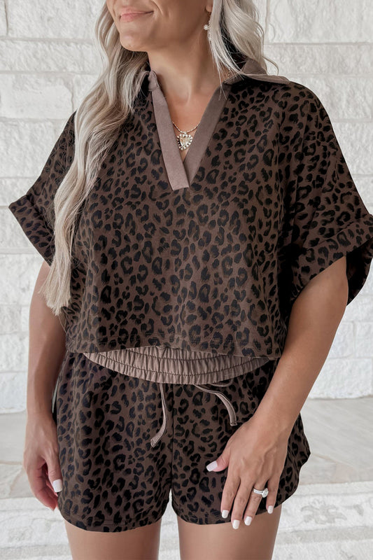 Brown V Neck Collar Leopard Printed 2pcs Short Set - PREORDER