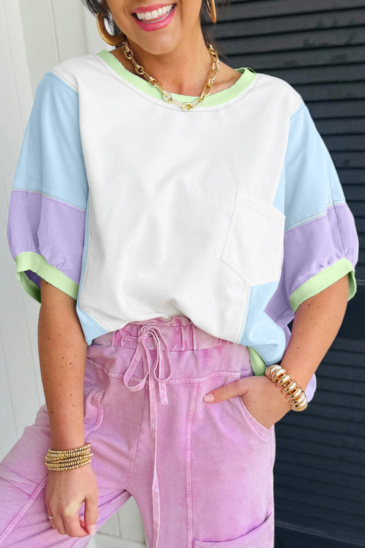 White Color Block Patchwork Half Sleeve Oversized T Shirt - PREORDER