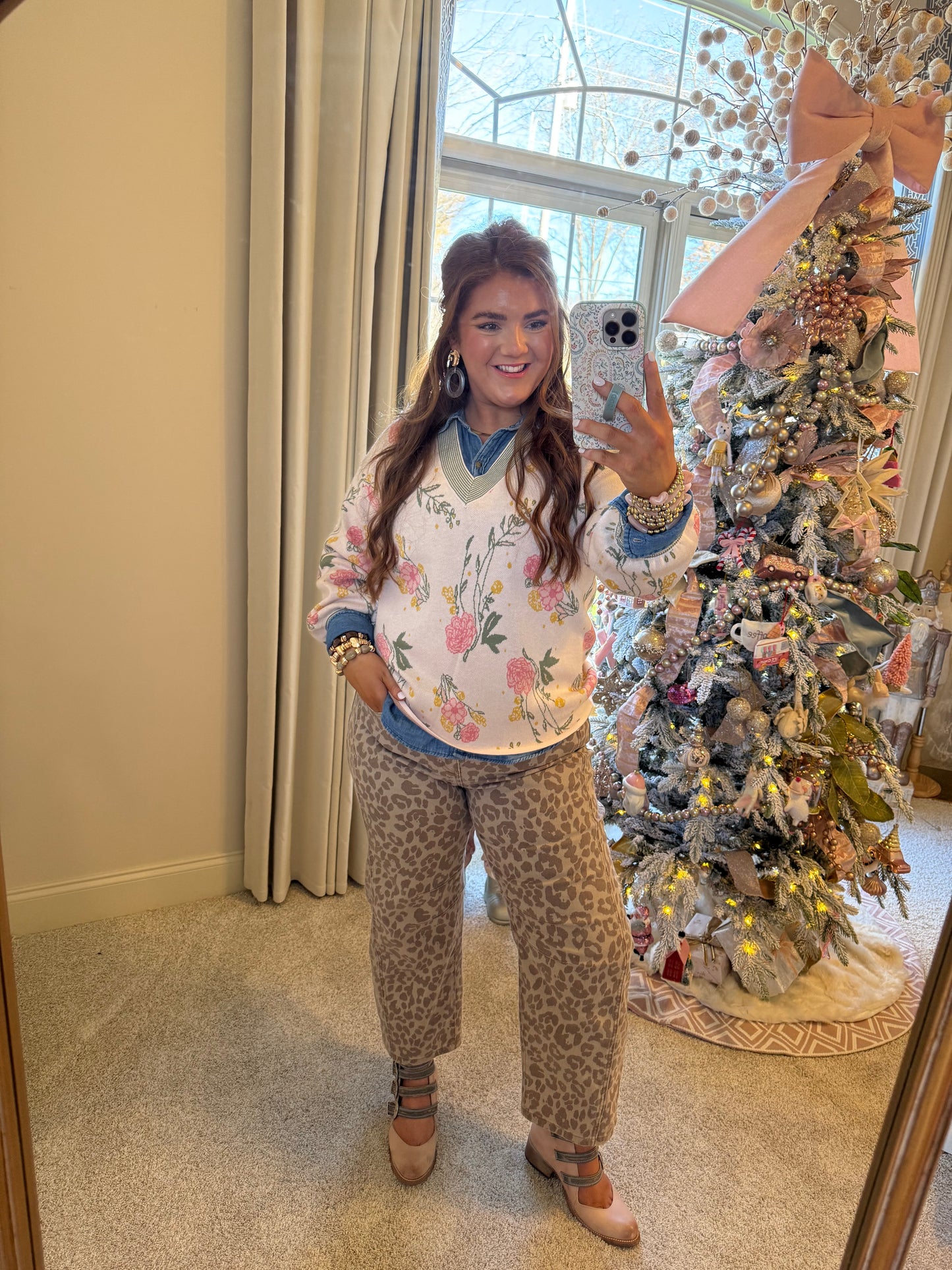 Khaki Leopard Print Straight Loose Jeans