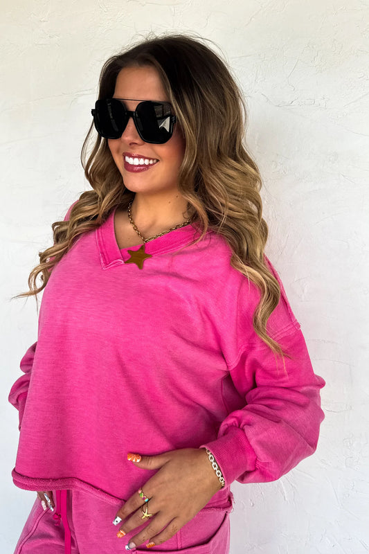HOT PINK FADED FEELS VNECK PULLOVER