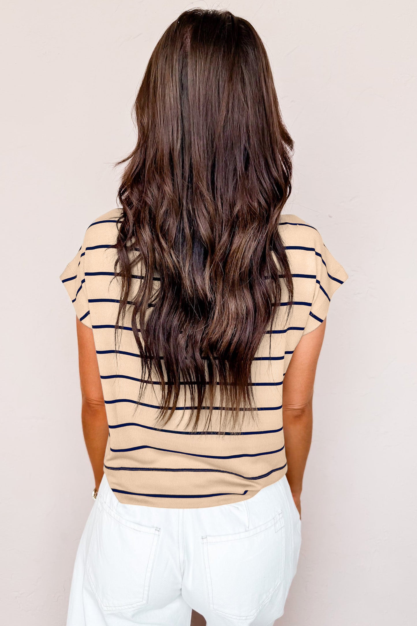 Khaki Stripe Mock Neck Short Sleeve Loose Top - PREORDER