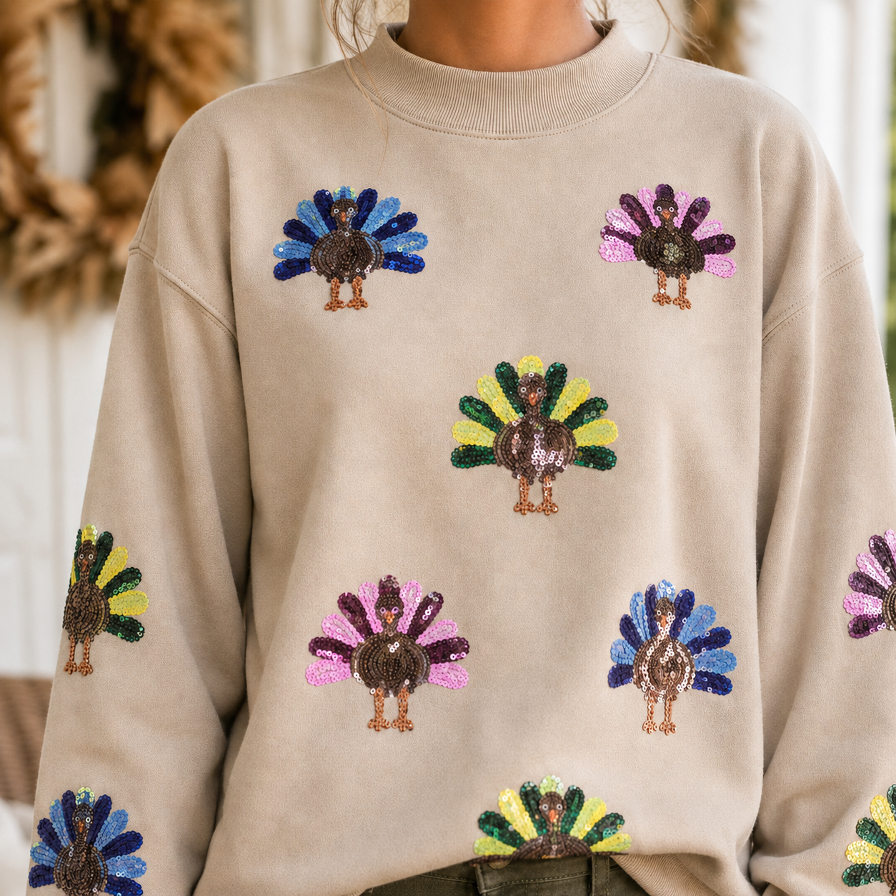 Sequined Turkey Exposed Seam Thanksgiving Graphic Sweatshirt - PREORDER