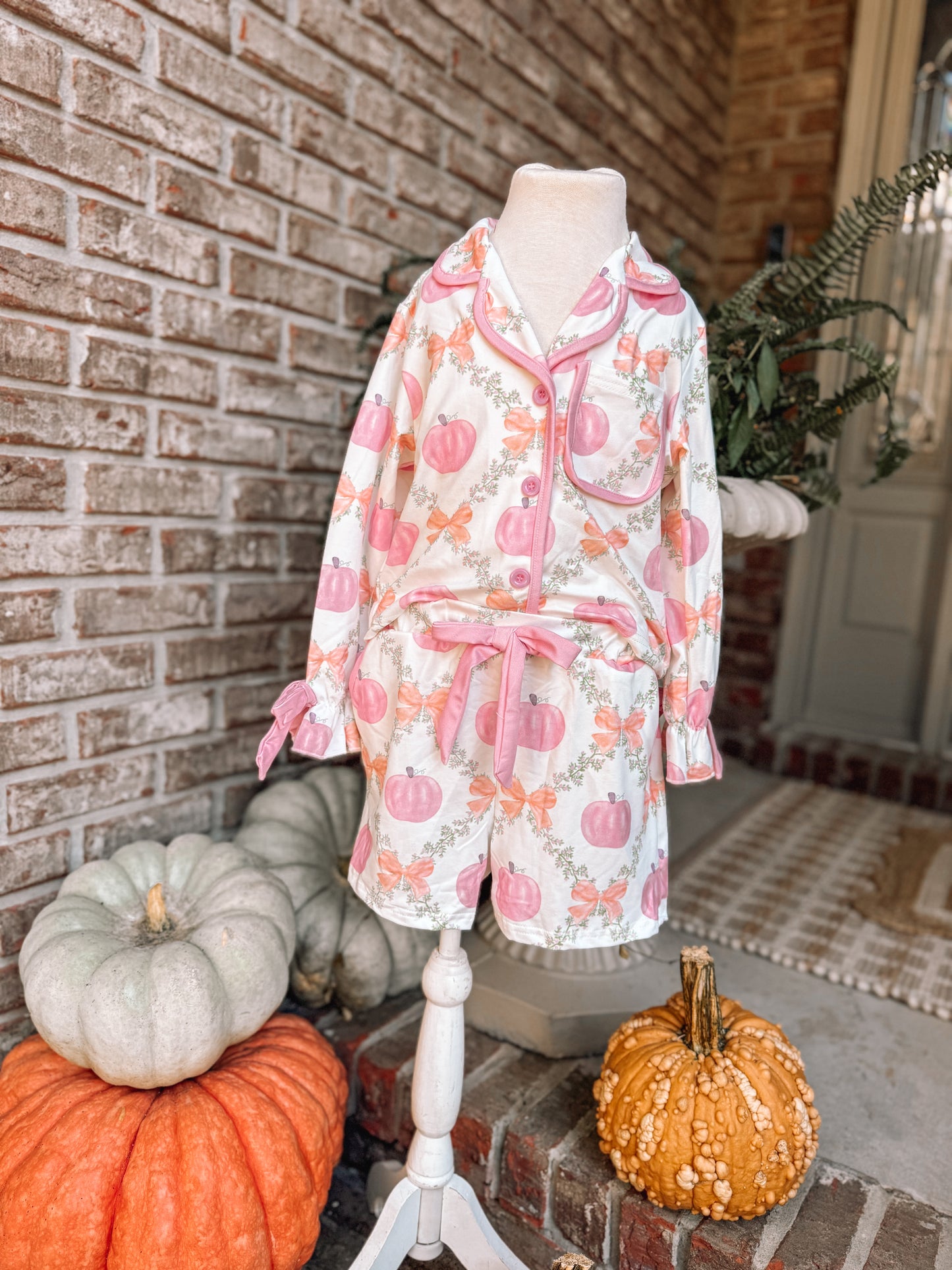 Halloween Pumpkin Floral Print Long Sleeve Top Shorts Girls Pajama Set