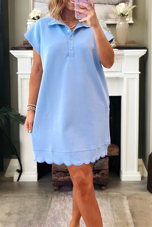 Beau Blue Solid Color Snap Button Polo Collar Short Sleeve Scallop Hem Mini Dress - PREORDER