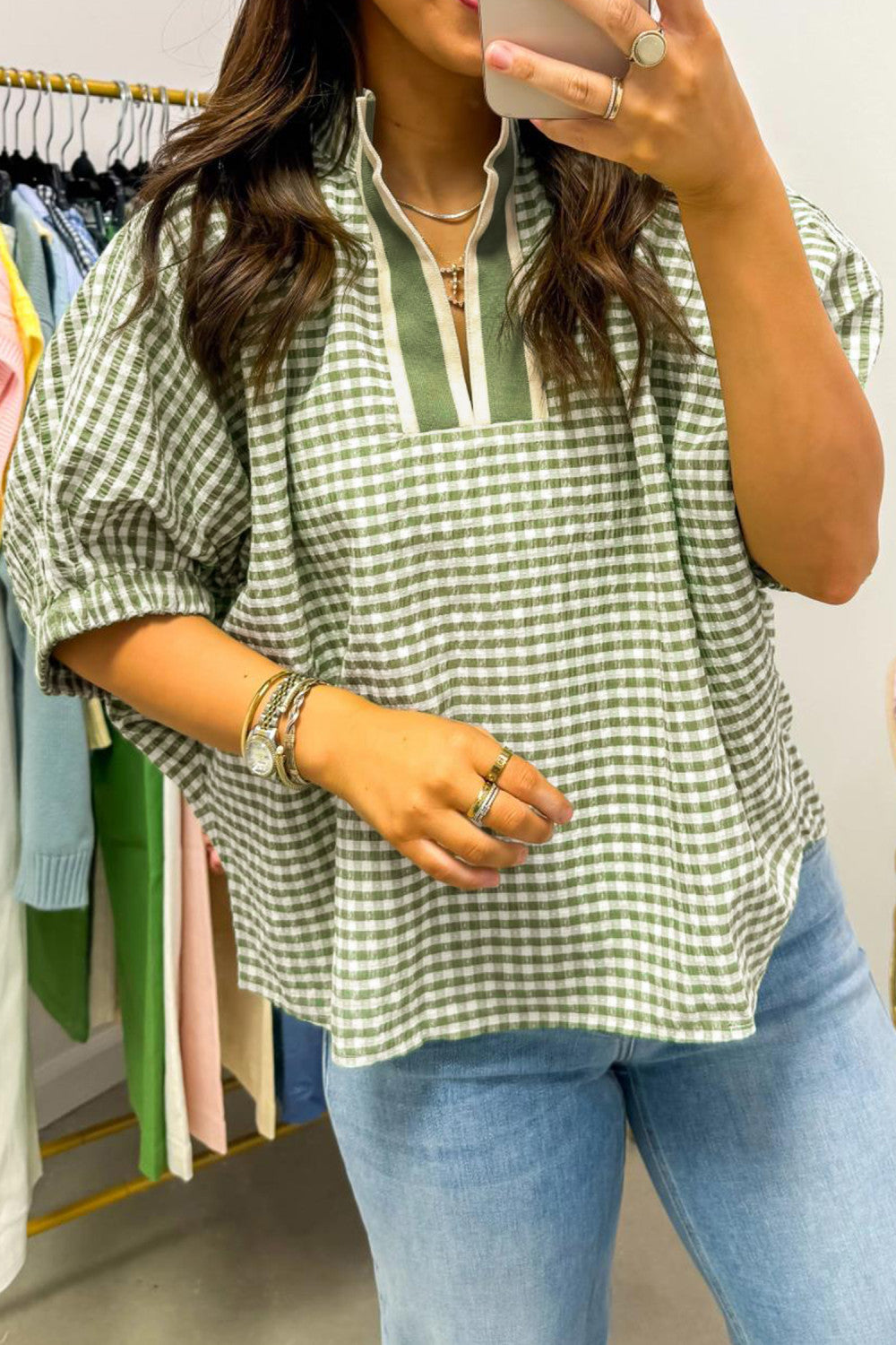 Green Plaid Short Sleeve Colorblock Trim Split Neck Blouse - PREORDER