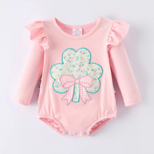 Sweet Clover Charm Embroidered Baby Pink Romper St. Patrick’S Day - PREORDER