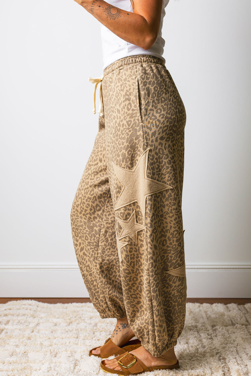 Khaki Leopard Print Star Patched Drawstring Elastic Waist Jogger Pants