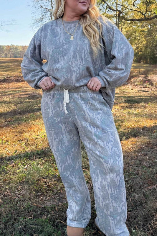 Multicolour Camo  Print Round Neck Long Sleeve Two-Piece Plus Size Set - PREORDER