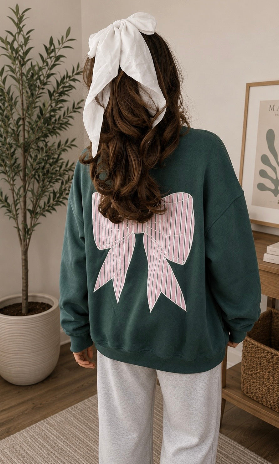 Green Striped Bow Graphic Oversized Sweatshirt - PREORDER