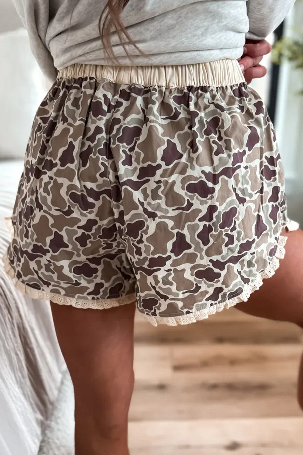 Khaki Camouflage Print Ruffle Boxer Shorts - PREORDER