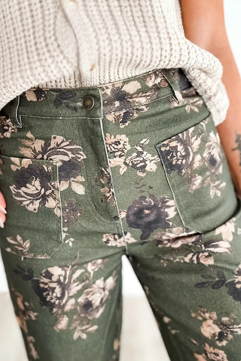 Green Vintage Floral Print Square Patch Pocket Raw Hem Shift Jeans - PREORDER