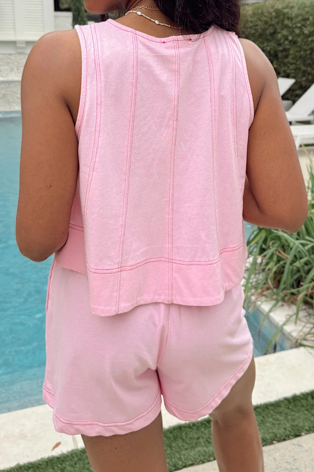 Pink Stitched Detail Loose Tank Top 2pcs Short Set 100% Cotton