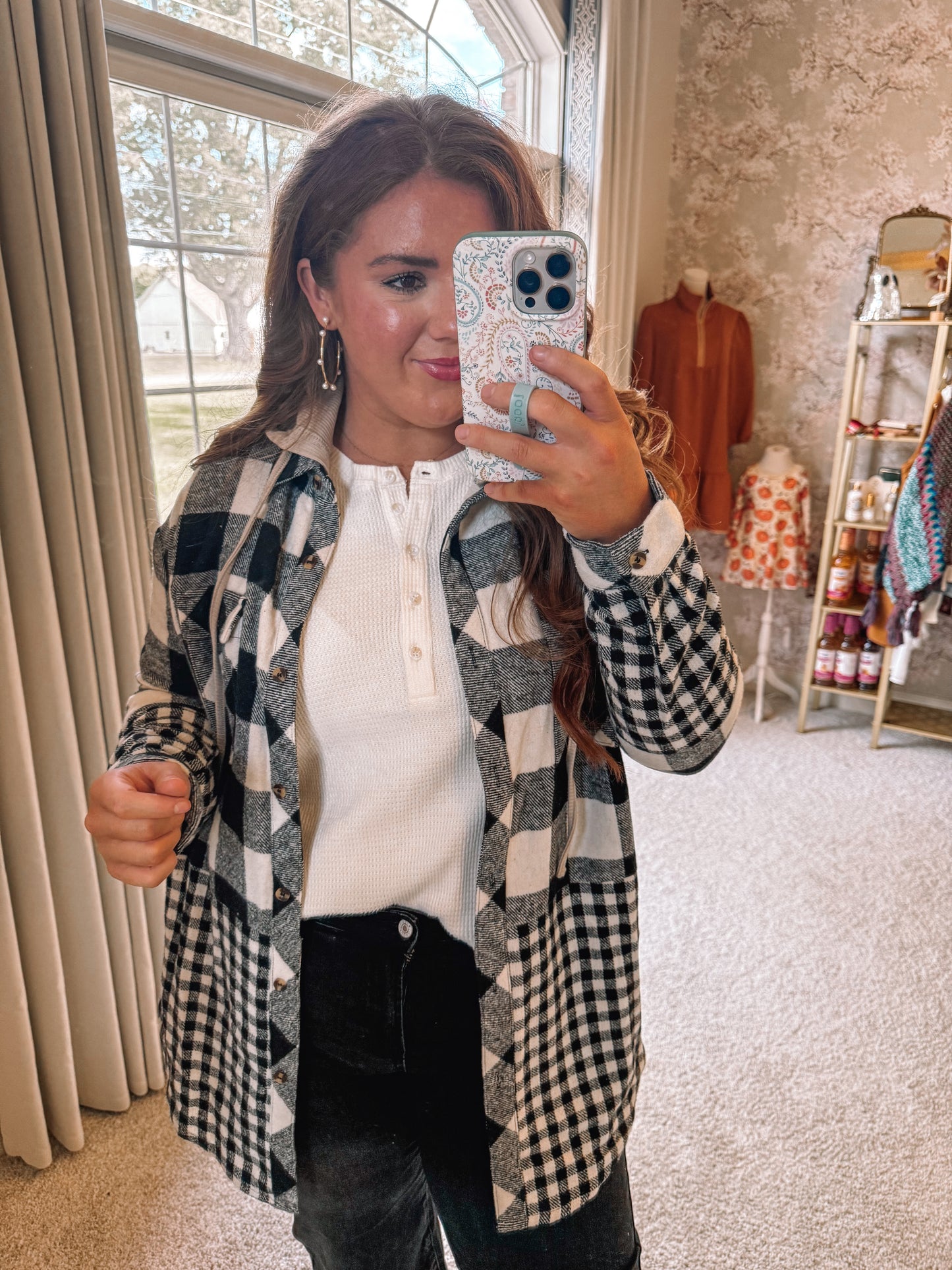 Black Double Plaid Patchwork Drawstring Hooded Shacket - PREORDER