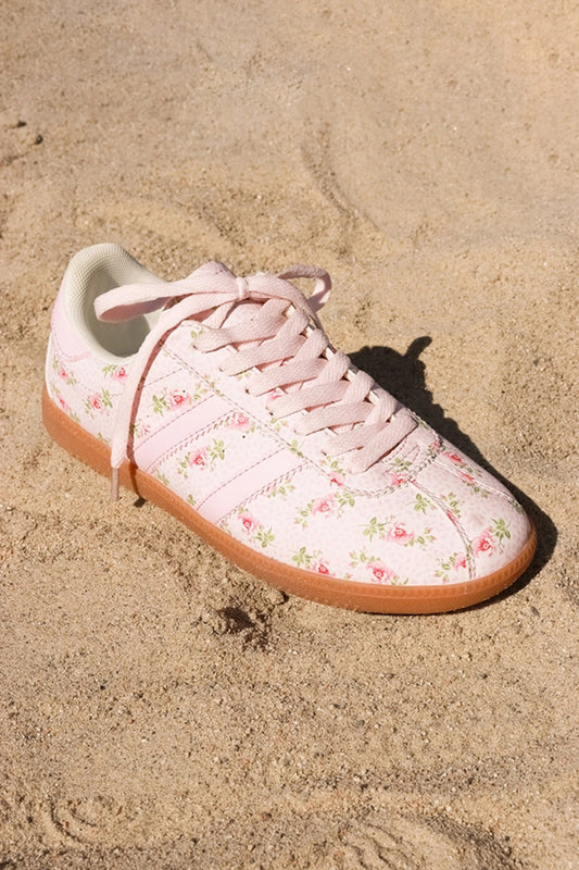 Light Pink Floral Print Lace-up PU Leather Flat Shoes - PREORDER
